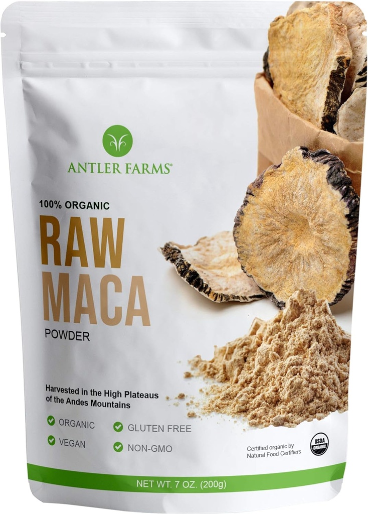 Antler Farms - 100% Pure Organic Raw Maca Powder, 40 Servings, 200g - Vegan, Gluten Free, Sun Dried, Cold Processed, Grown Outdoors in Central Andes of Peru, Certified USDA Organic
