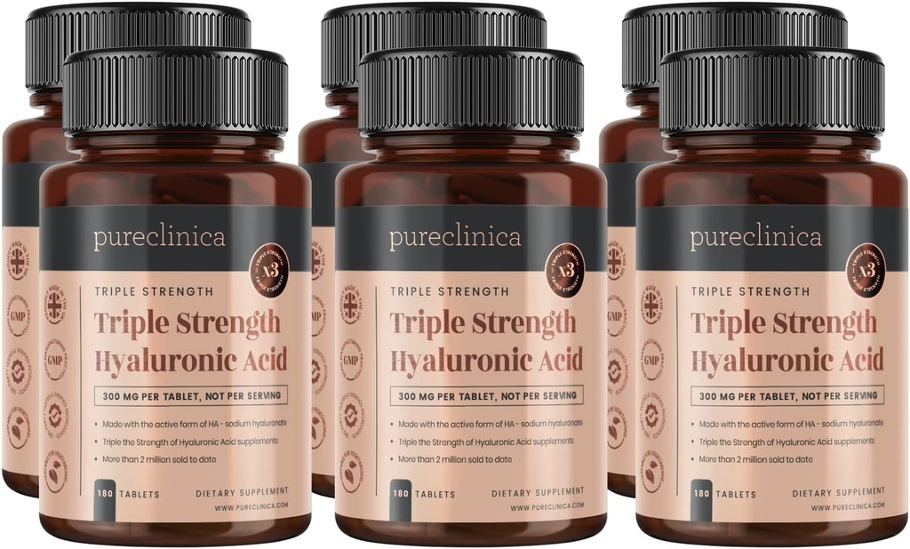 Pureclinica Hyaluronic酸300mg x 1080のタブレット(6のびん180のタブレット-供給3年の)。 トリプル強度ヒアルロン酸酸。 他のHLAのタブレットからの300%のより強い