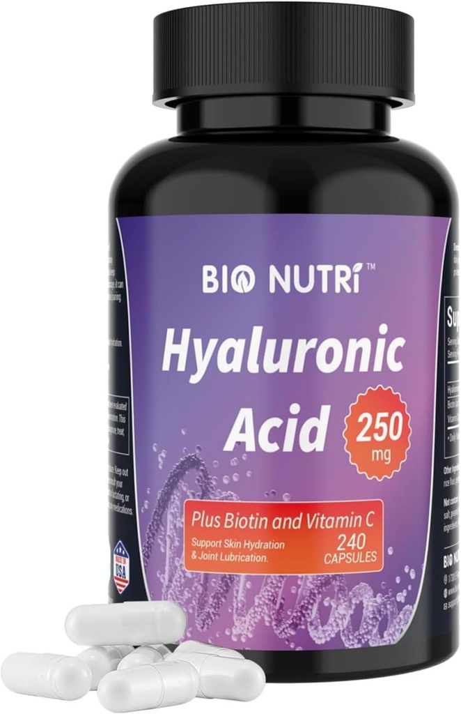 BIO NUTRIのHyaluronic酸は250mgを補います Biotin 5000mcg及びビタミンC 25mgの240のカプセル、皮、毛及び接合箇所3 in1サポート