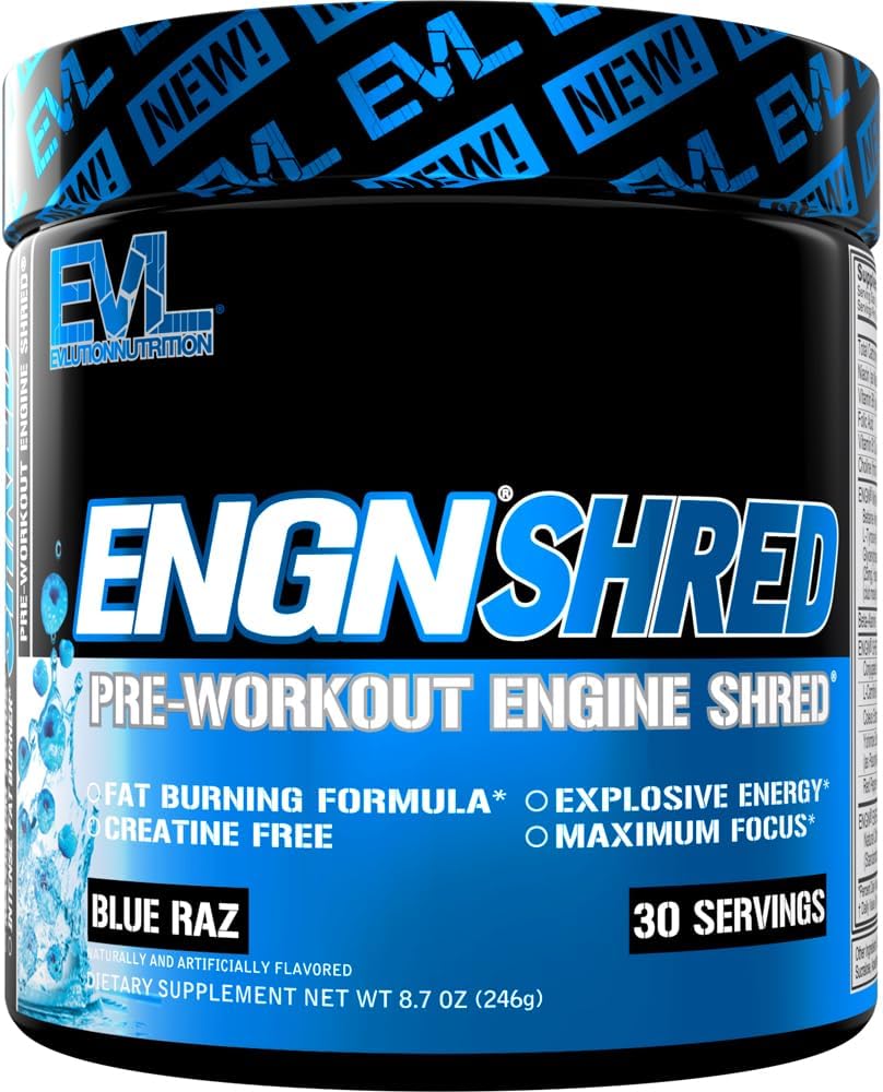 EVL Ultimate Pre Workout Powder - Thermogenic Fat Burn Support Preworkout Powder Drink for Lasting Energy Focus and Stamina - ENGN Shred Intense Creatine Free Preworkout Drink Mix - Blue Raz