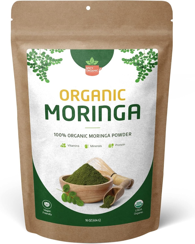 Organic Moringa Leaf Powder – USDA Certified Green Superfood | Natural Energy & Immune Support – Vegan, Non-GMO, Gluten-Free – Pure Raw Moringa for Smoothies, Teas, Cooking – 16oz Resealable Pouch