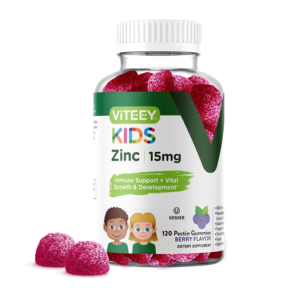 子供のためのViteey亜鉛グミー15mg - 子供のための免疫サポート & 十代の若者たち - 強力な自然抗酸化剤, キッズ亜鉛ビタミンサプリメント - ビーガン, ゼラチンフリー, グルテンフリー - おいしいChewableベリー風味のガミー
