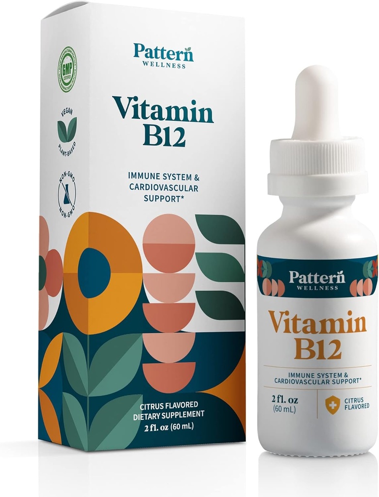 Pattern Wellness Vitamin B12 5000 mcg – Sublingual Liquid Drops – Methylcobalamin, Supports Energy & Immune Health – Vegan Citrus Flavor – 2 fl. oz (60mL), 3rd Party Lab Tested