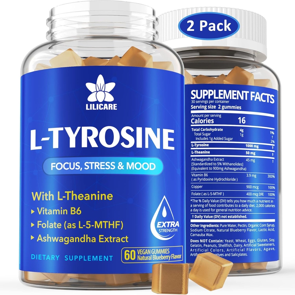L Tyrosine Gummies 1100mg Mood サポート ブレンド、Ashwagandha、L-Theanine、ビタミンBの複合体B6、Follate (ビタミンB9)、焦点及び記憶、認知及び脳機能、エネルギー ブースト、Stressサポート、2Pc/120ct