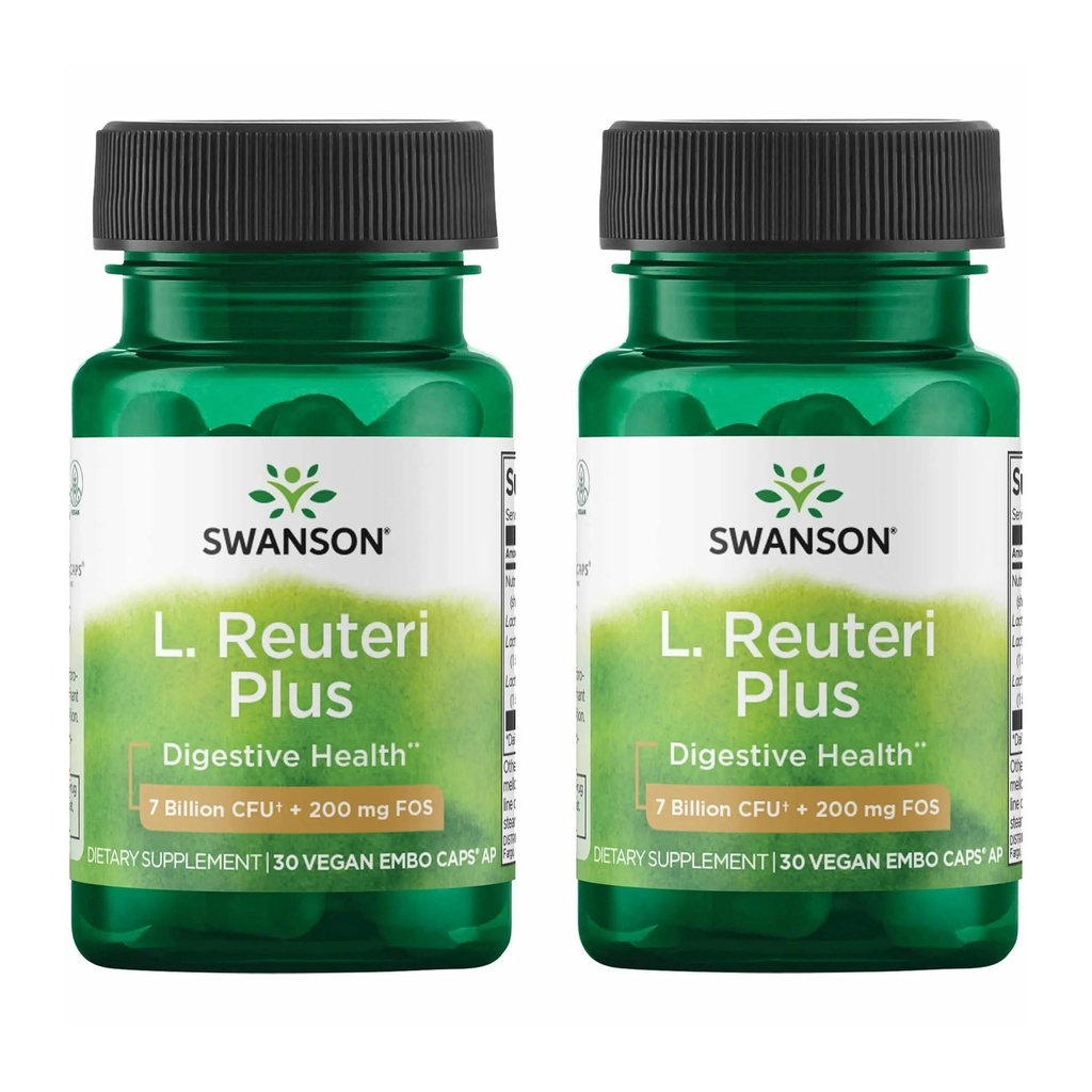 Swanson L. Reuteri Probiotic Plus w/L. Rhamnosus L. Acidophilus & FOS Prebiotic Digestive Support - Gut Health w/ 7 Billion CFU per Capsule - (30 Veggie Capsules) (2 Pack)