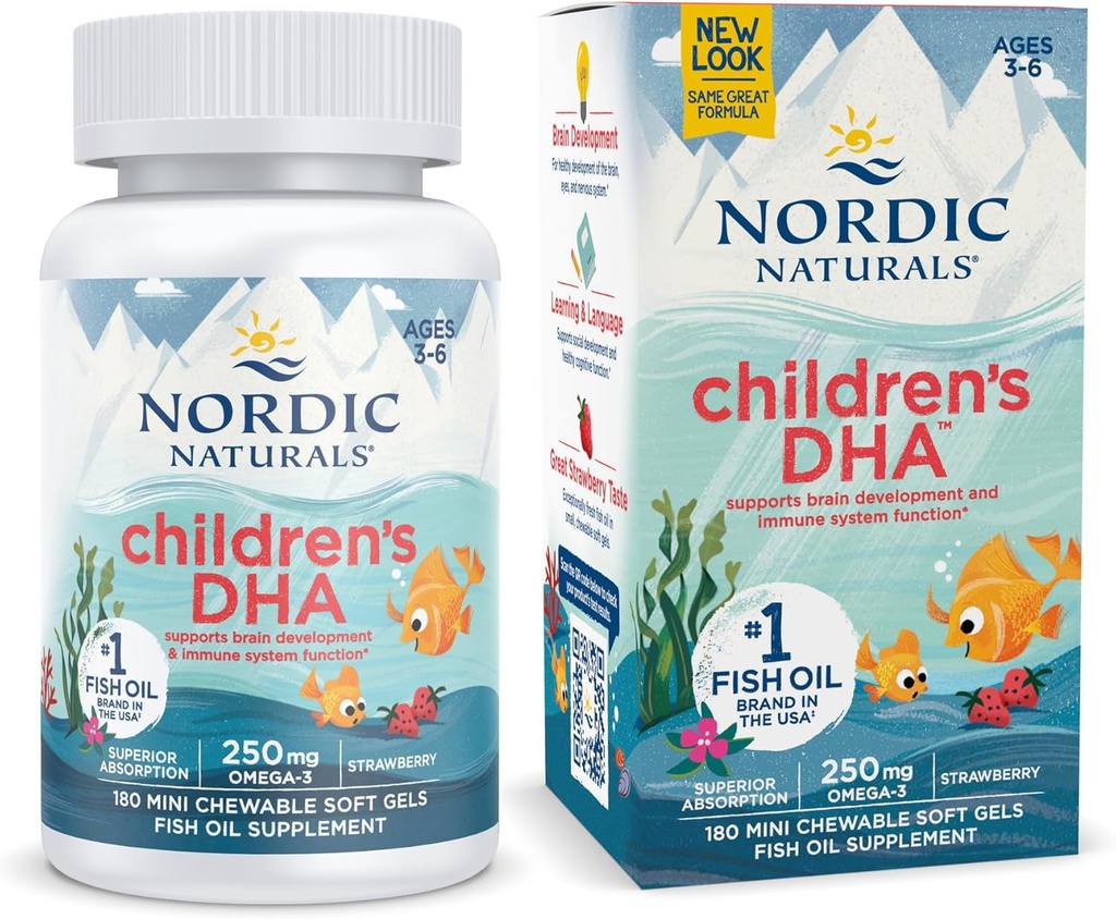 ノルディックナチュラルズ子供用DHA、いちご - 180 子供のためのミニChewableソフトジェル - 250 mg Omega-3とEPA&DHA - 脳開発と機能 - Non-GMO - 45 サービング