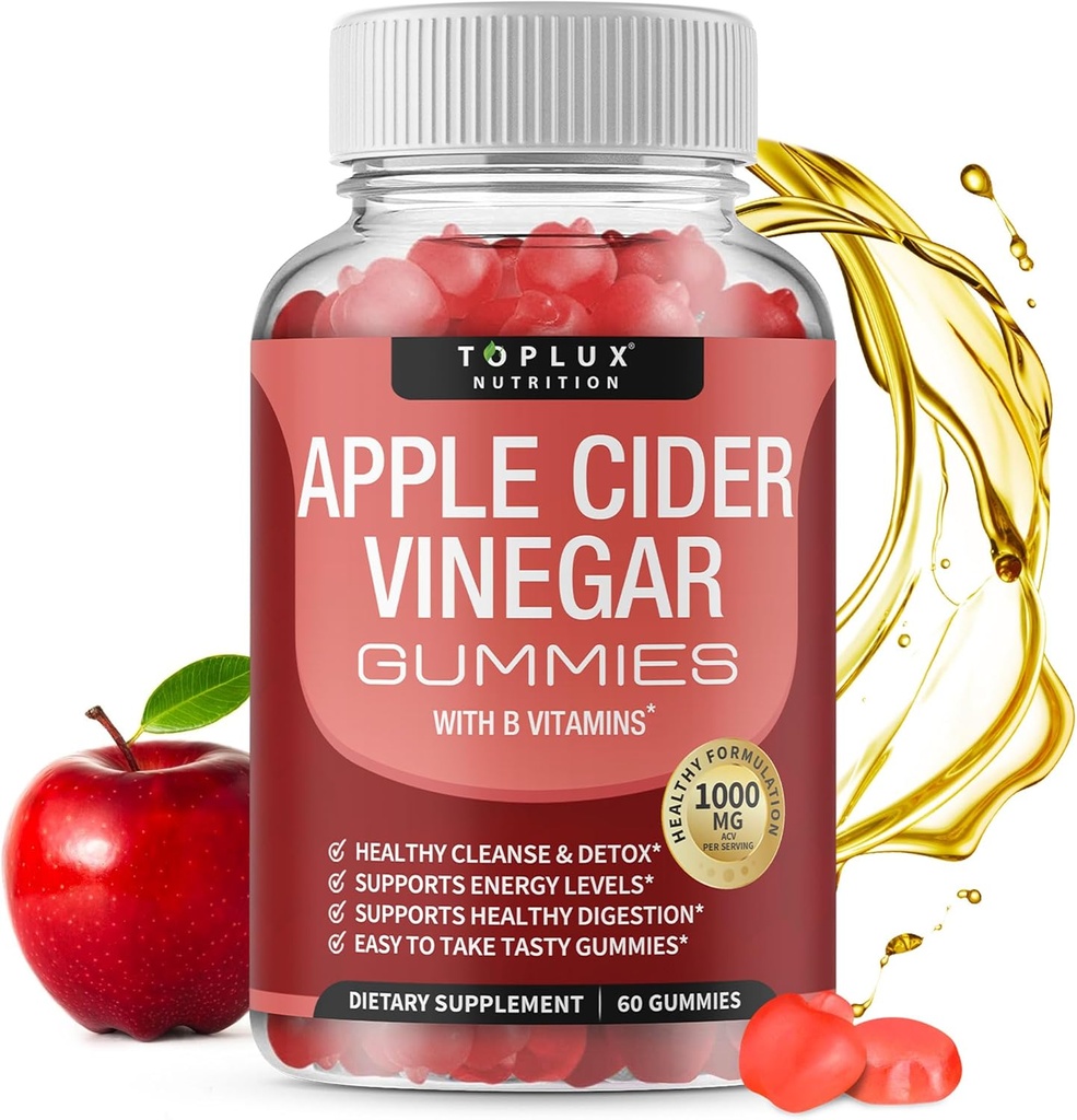 Toplux Appleのサイダーの酢 - 1000mg ACVとB12、ビートルート、免疫システム、デトックス&クレンジング、Gummy代替Apple Cider Vinegarカプセル、男性女性、60グミ