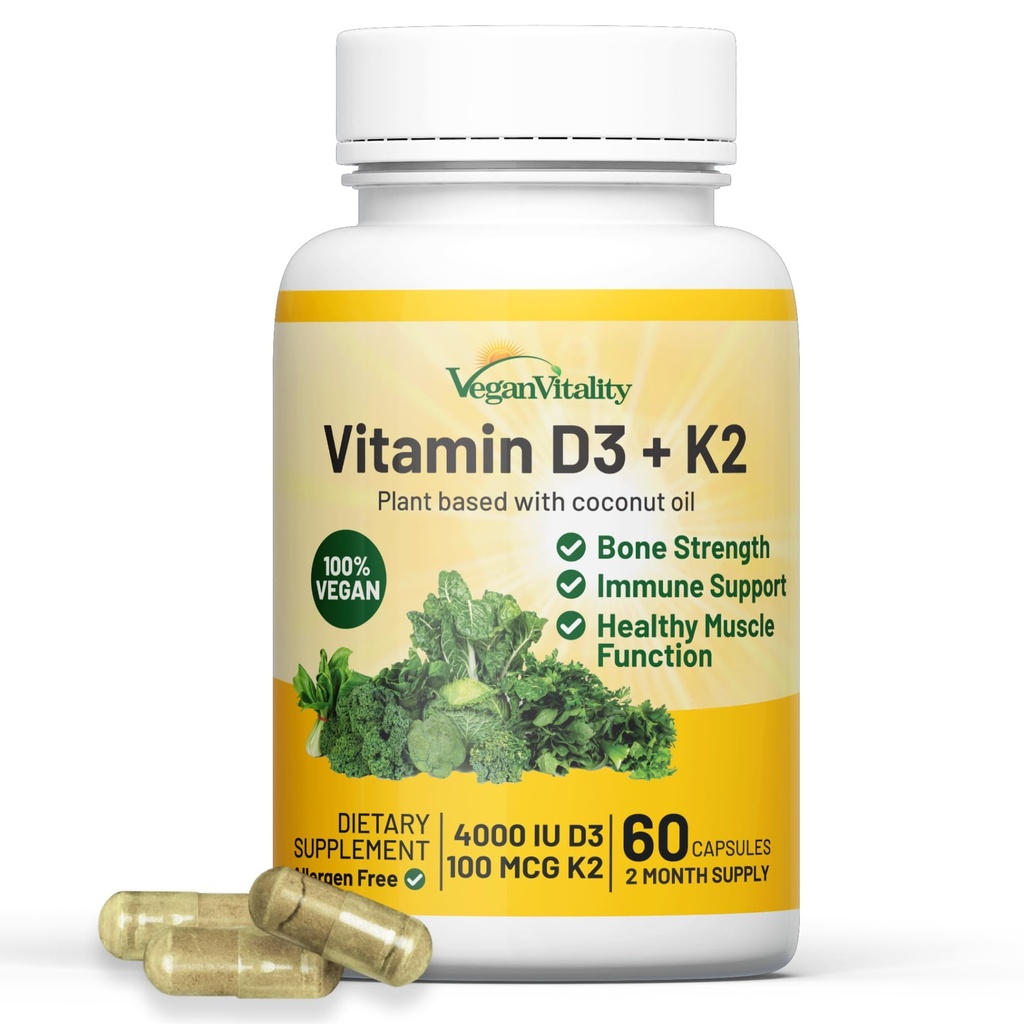 ビーガン死亡ビタミンD3 K2 4000IU (100mcg)ココナッツオイル、100%植物はビーガンとベジタリアンのためのビーガンビタミンDを基づかせていました - 60カプセル