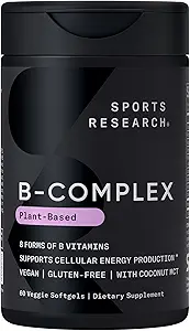 Sports Research® Vitamin B-Complex - Full Spectrum of B Vitamins with Methylated B12 & Folate - Gluten Free · Plant-Based · Non-GMO · Vegan-Friendly Formula - 60 Veggie Softgels