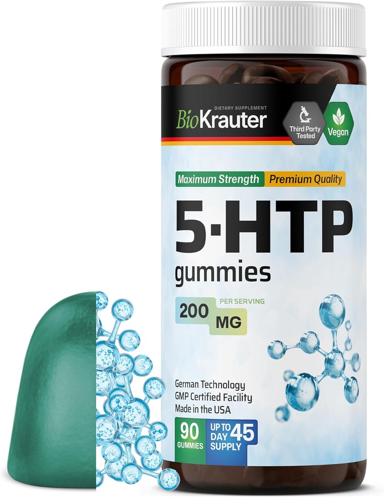 BIO KRAUTER 5 HTP サプリメント グミ - 200 MG 強度 - 90 ビーガン咀嚼 - リラックスサポート 5HTP プラス L トリプトファン サプリメント - Pectin ベースの式