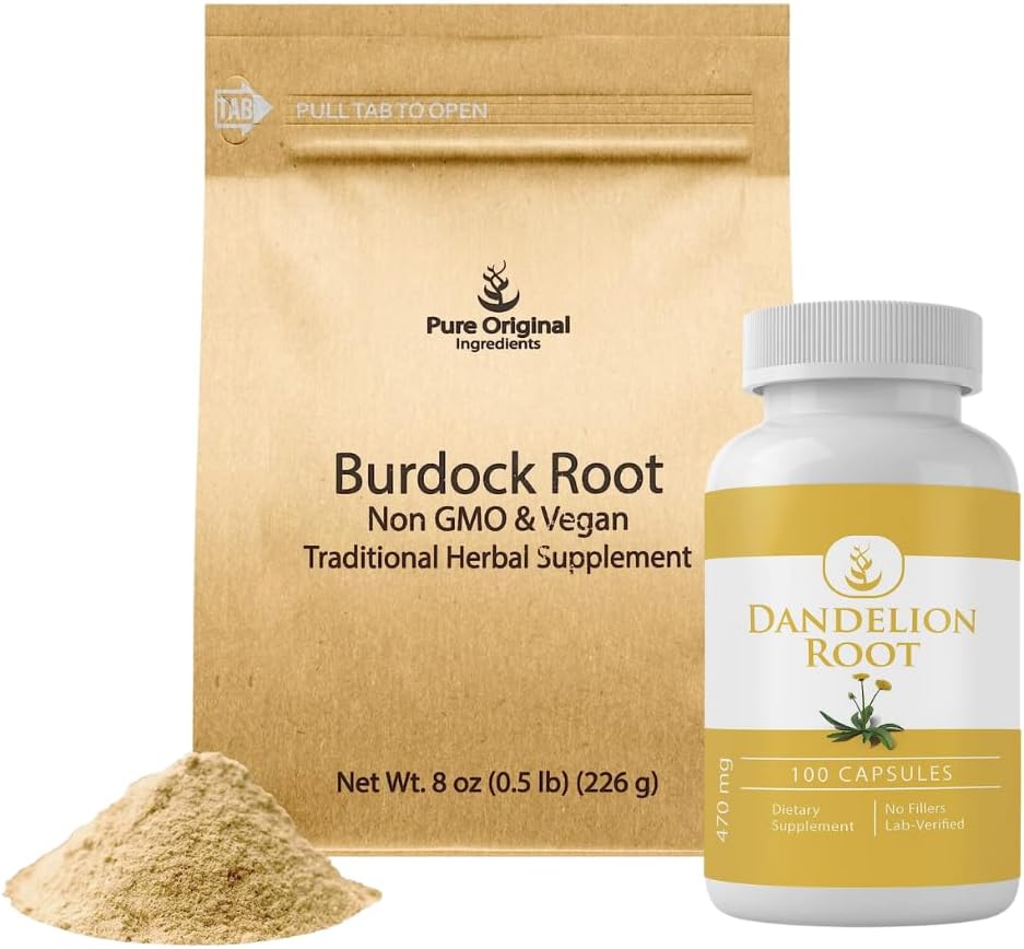 PURE ORIGINAL INGREDIENTS Burdock Root Extract Powder and Dandelion Root Capules Bundle, Powder & Capsules, Alwasy Pure, Lab-Verified