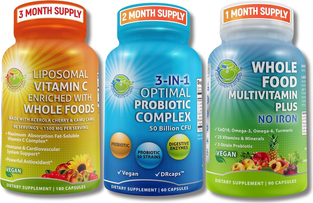 腸の健康, 免疫, エネルギー & 栄養素サポート – 消化酵素と3-in-1プロバイオティクス + リポソームビタミンC 1500mg + 鉄なしで全食品マルチビタミン – ビーガン, 非GMO, クリーンウェルネスサポート