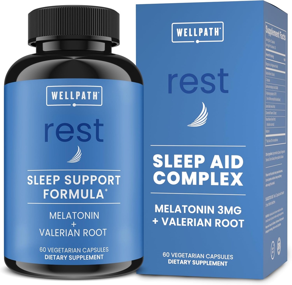 WellPath Rest Valerian Root Sleep Aid for Adults with Melatonin & L-Theanine | ナチュラル&ハーバル 睡眠 ピルスウィート | 5HTP, レモンバーム, カモミール, 60 Ct