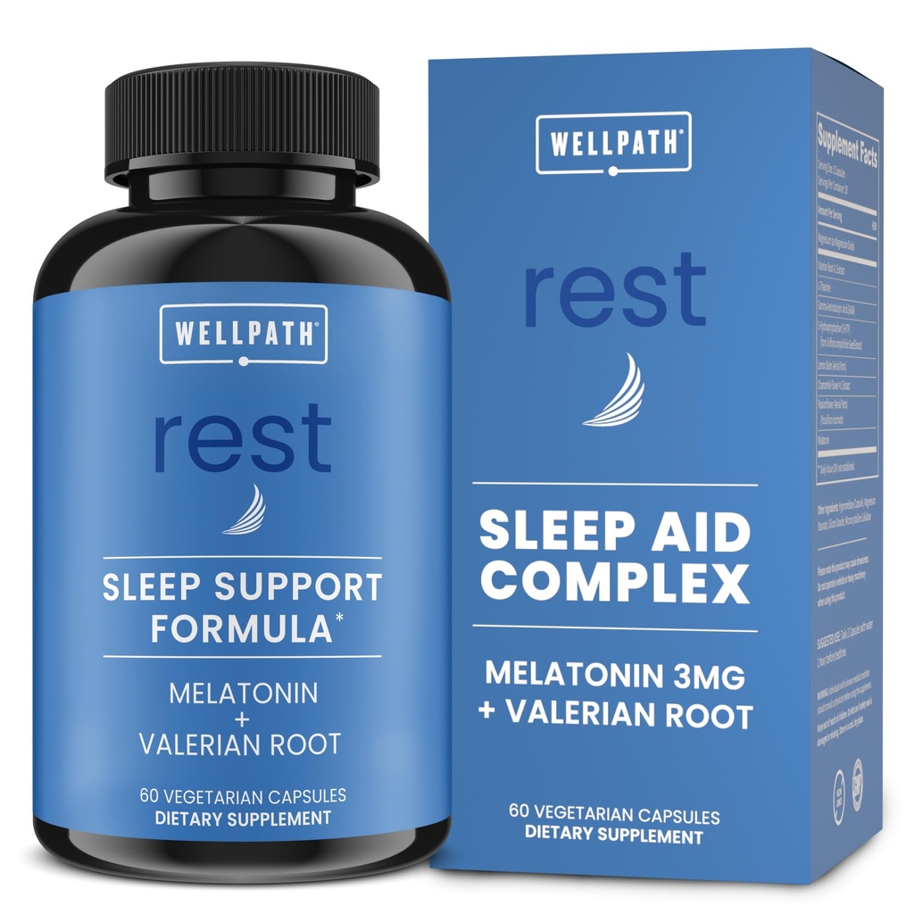 WellPath Rest Valerian Root Sleep Aid for Adults with Melatonin & L-Theanine | ナチュラル&ハーバル 睡眠 ピルスウィート | 5HTP, レモンバーム, カモミール, 60 Ct