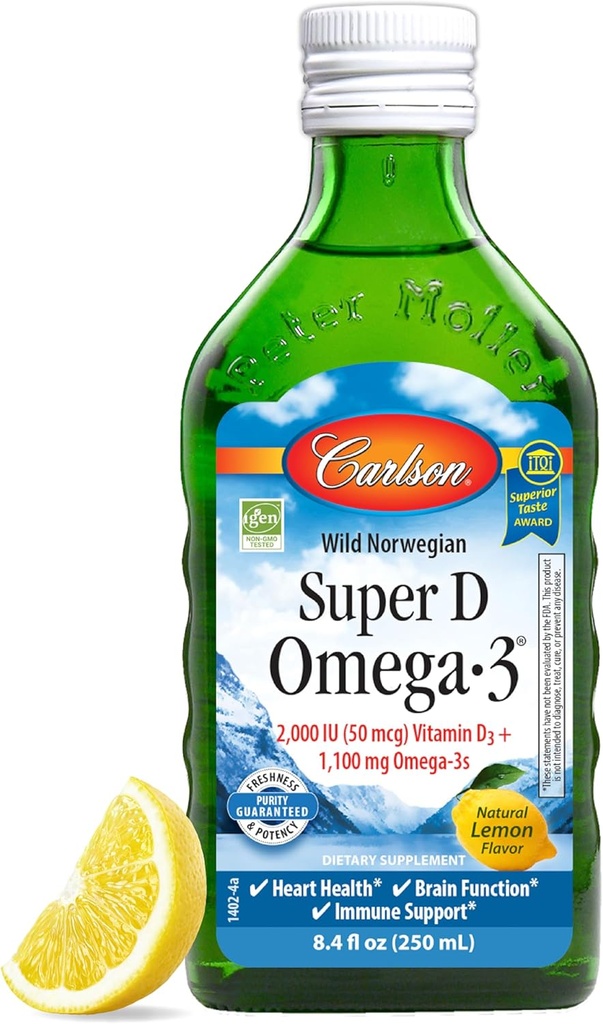カールソン - スーパーDオメガ-3、ワイルドキャッチノーヴェージアンアークティックタラ肝油、2000 IU(50 mcg) ビタミンD3、1100 mgオメガ-3s、持続的に供給ノルディック魚油液、レモン、250 ml