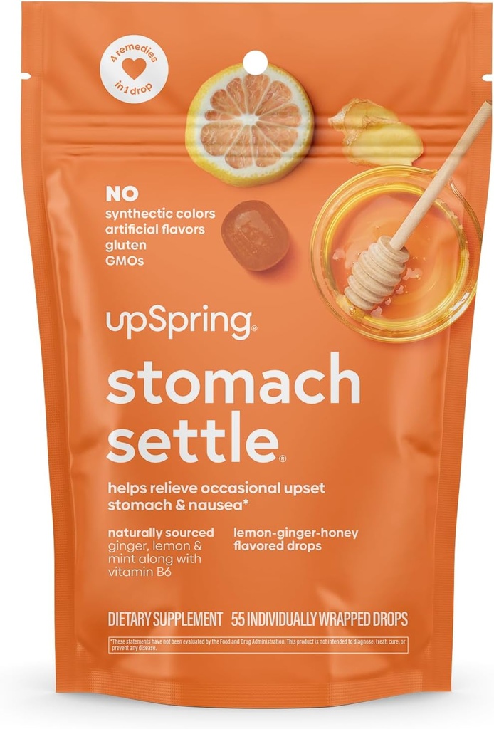 UpSpring Stomach Settle Drops for Occasional Nausea Edward and Morning Sickness with Ginger, Lemon, Spearmint, B6. 個人的にラップされたドロップ, 55 Ct(パッケージ 5月 Vary)