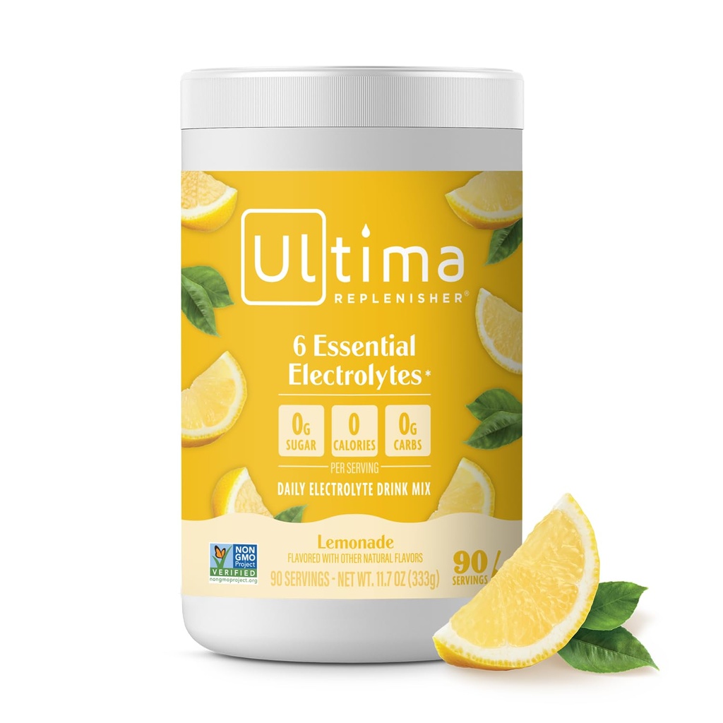 Ultima Replenisher毎日の電解質パウダードリンクミックス - 砂糖無料 - Lemonade、90サービング - 6キー電解質とトレースミネラルの水分補給パウダー - Ketoフレンドリー、ビーガン、非GMO