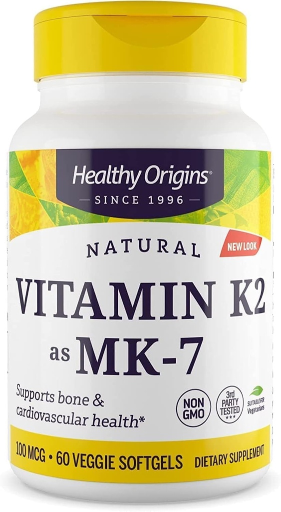 健康な起源 ビタミンK2 100 mcg (MK-7、非GMO、グルテンフリー、心臓血管サポート、骨サポート)、60 Veggieゲル