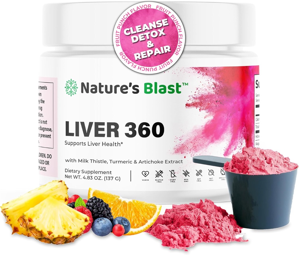 Liver 360 - Liver Cleanse Detox & Repair Powder with Milk Thistle, Turmeric & Artichoke Extract Fruit Punch Flavor – 30 Servings