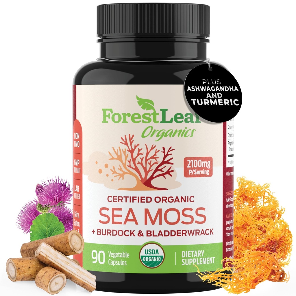 ForestLeafオーガニックアイリッシュシーモスカプセル | 2100mg 生のシーモス ピルス アドバンストサプリメント スーパーフード + ブルドック, 消化器用ブラードラック, 呼吸器, 免疫健康 | 90 ビーガン有機海苔キャップ