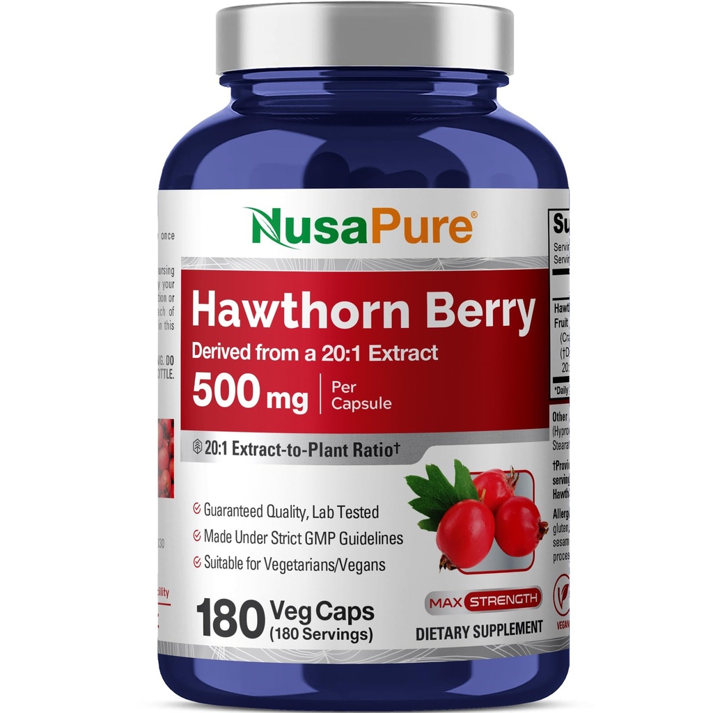 NusaPure Hawthorn Berry 20:1 エキス、500 mg 10,000 mg 180 Veg キャップ相当、ベジタリアン、ビーガン、非GMO 栄養補助食品に適しています