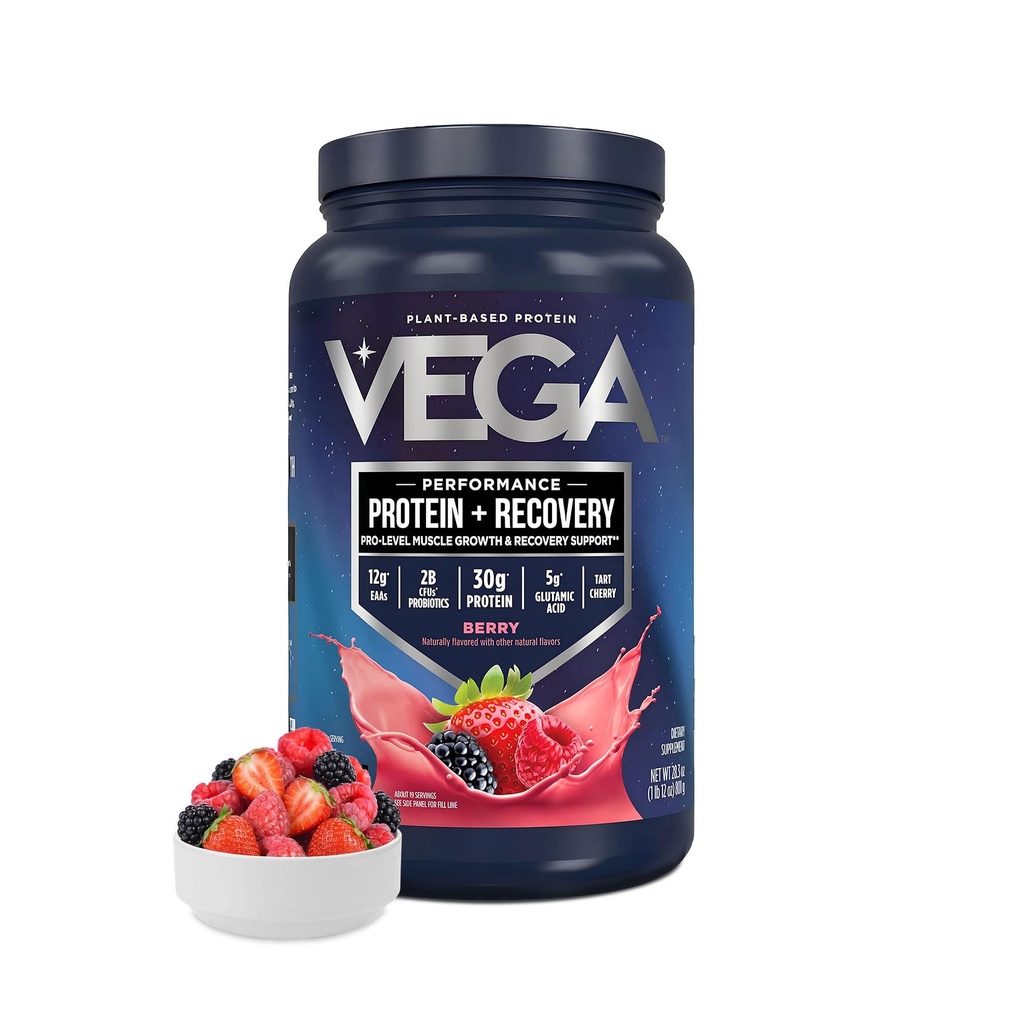 Vegaスポーツビーガンプロテインパウダー+回復 - 30g植物は、サービング、ベリー、19のサービング、5g BCAAs、プロバイオティクス、NSF認定、シェイクス&スムージー、1.8lbs(5月パッケージ)