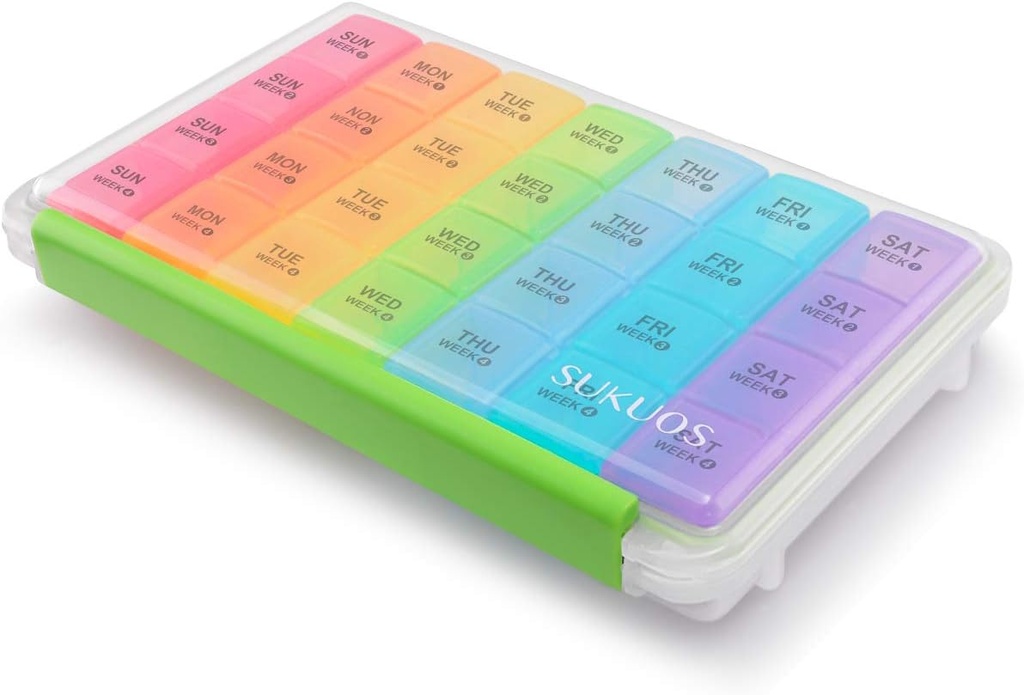 Sukuos 毎月の丸薬のオルガナイザー 28 日, 大規模な湿気抵抗耐性ピル ボックス ケース 防塵ボックスと ビタミン/魚油/サプリメントのクリア 蓋, 簡単に開くと清掃