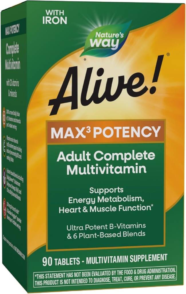Nature's Way Alive! Max3 Potency Daily Multivitamin, Methylated B12 and Folate, Ultra Potency B-vitamins to Support Energy Metabolism*, 90 Tablets