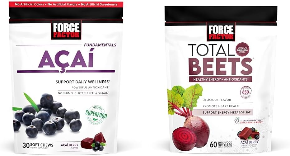Force Factor Acai Soft Chews for Immunity & Total Beets Soft Chews for Heart Healthy Energy, 30 & 60 Chews
