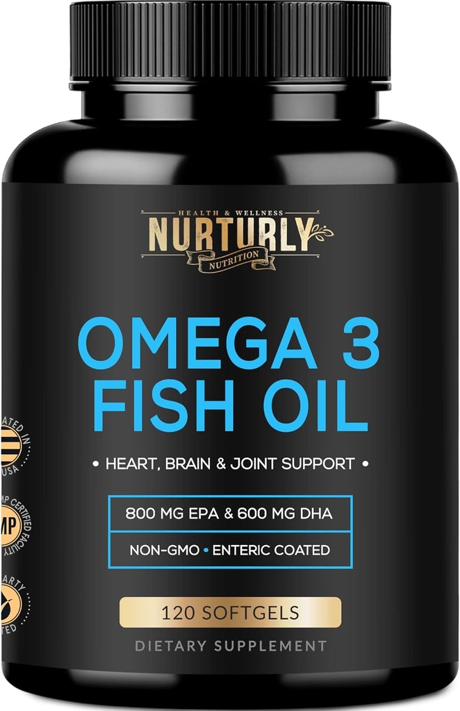 Omega 3 Fish Oil 2000mg, 800mg EPA and 600mg DHA - Enteric Coated and Burpless - Supports Brain, and Heart - Burpless, Non-GMO, 3rd Party Lab Tested and NSF Certified - 120 Softgels