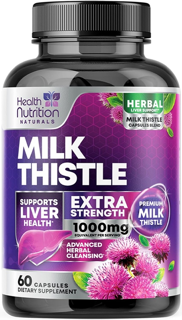 Milk Thistle Supplement with Silymarin Marianum & Dandelion Root Liver Health Support - 9:1 Extract Liver Cleanse Detox & Repair 1000mg Equivalent - Nature's Milk Thistle Supplements - 60 Capsules