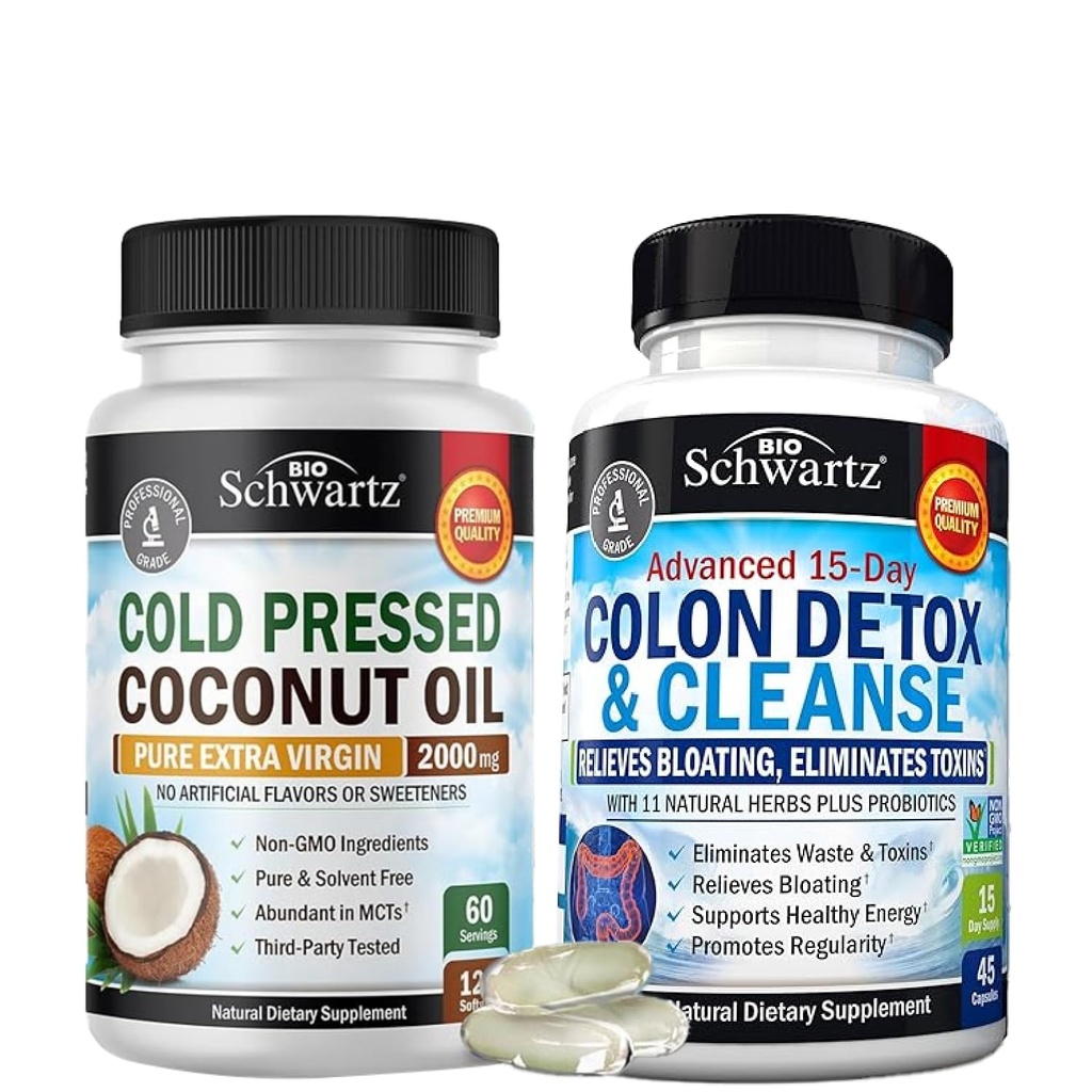 BioSchwartz 15 Day Cleanse for Colon and Gut Health Plus Cold Pressed MCT Coconut Oil Capsules (2 Month Supply)