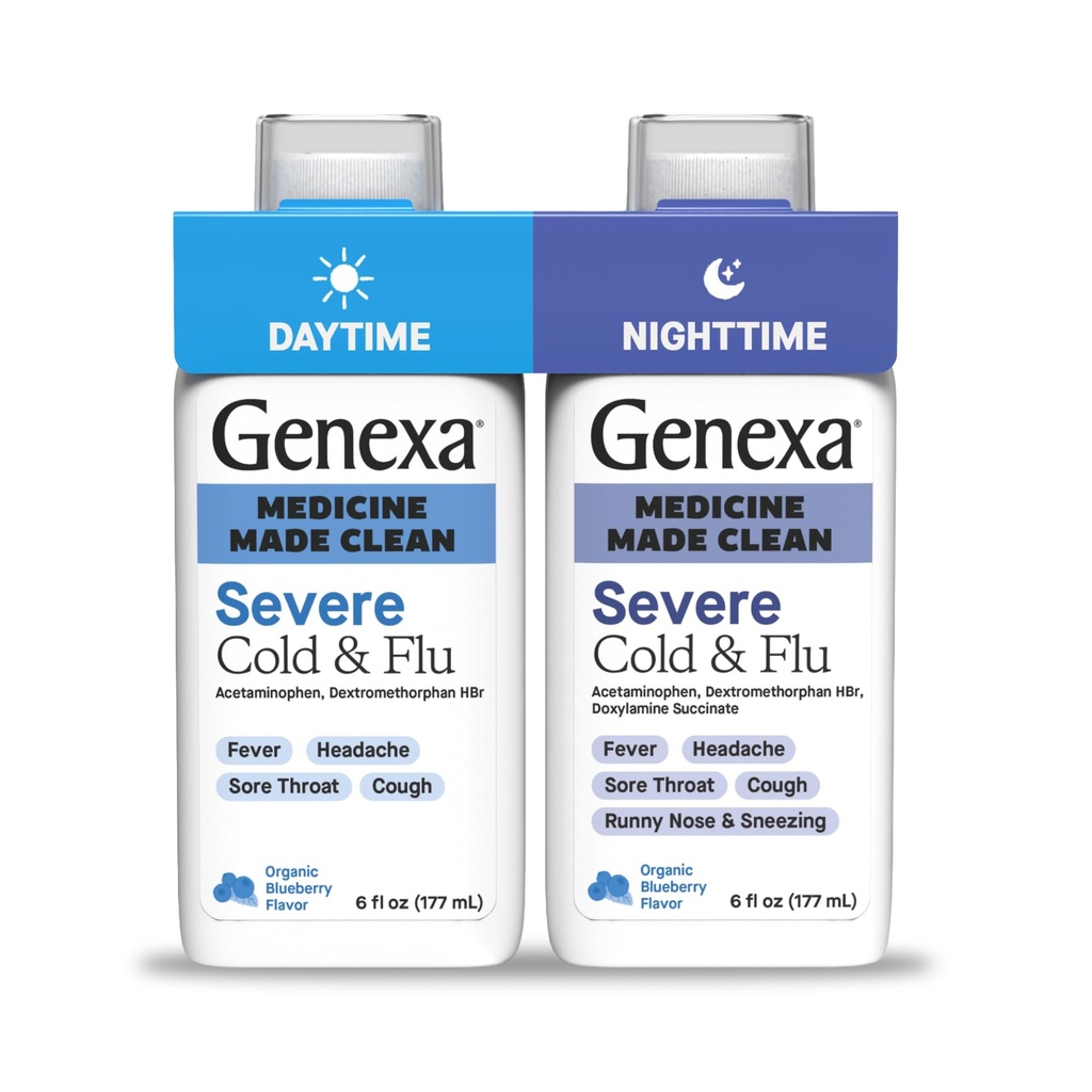 Genexaのきれいな風邪及びフル デイタイム+昼間の重度の救助、染料は、0%の人工的な添加物、アセトアミノフェン フィーバーの減力剤、咳の抑制剤、抗ヒスタミン、有機ブルーベリーの味、12のflのoz (2パック)を放します