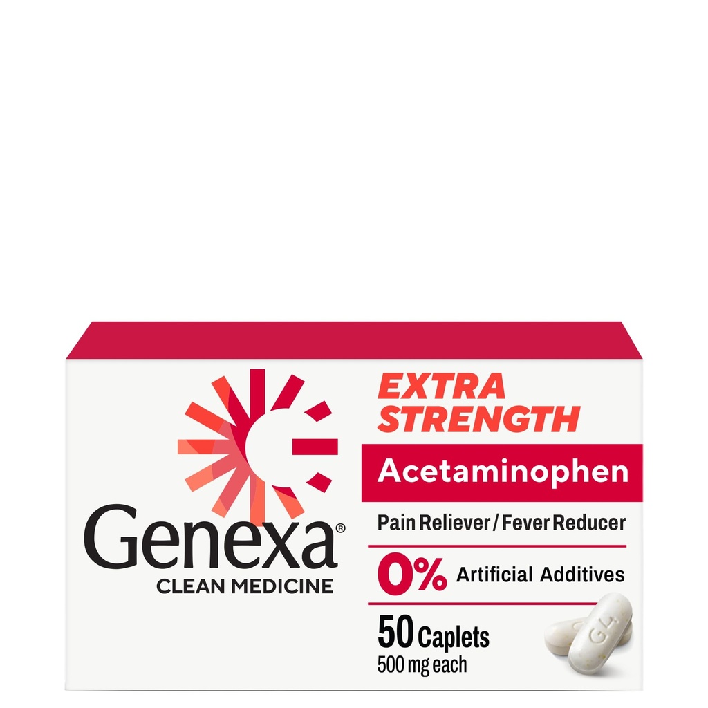 Genexaのきれいなアセトアミノフェン500mgの余分強さ、染料の自由な苦痛Relieverの熱心な減力剤、0%の人工的な添加物、大人のための痛みの薬、頭痛、腰痛、マイナー関節炎の苦痛、50のタブレットを取り除きます