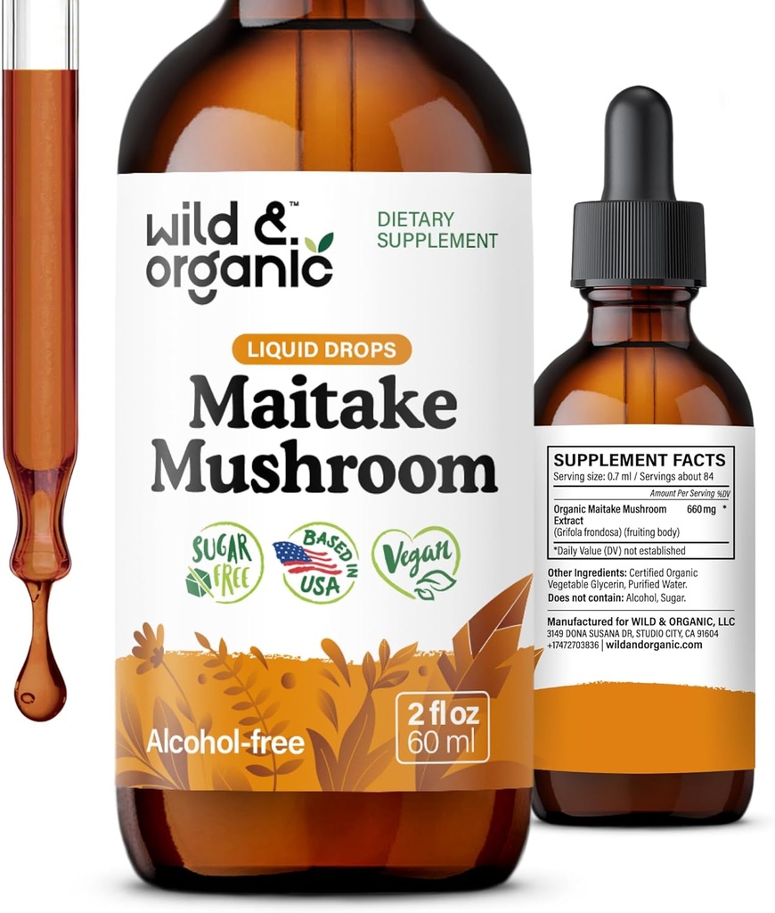 ワイルド&オーガニックマイタケキノコドロップ - 免疫サポートのための液体キノコサプリメント - Maitake Extract Tincture - ビーガン、砂糖&アルコールフリー - 2 fl oz