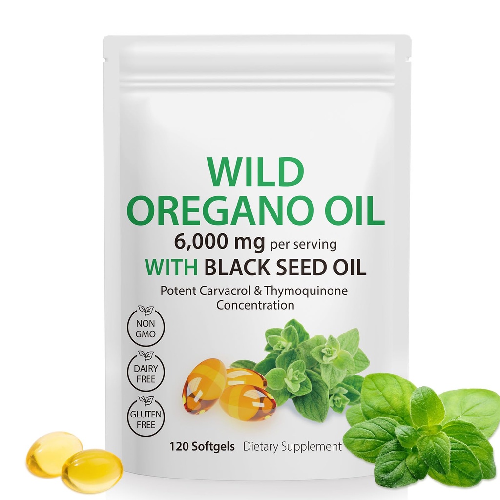 Oregano Softgels オイル - ワイルドオレガノオイル 6,000 mg と ブラックシードオイル 200 mg カプセル、120 カウント、ポテントカルバロール ・ ティモキノン、非GMO、乳製品無料、グルテンフリー