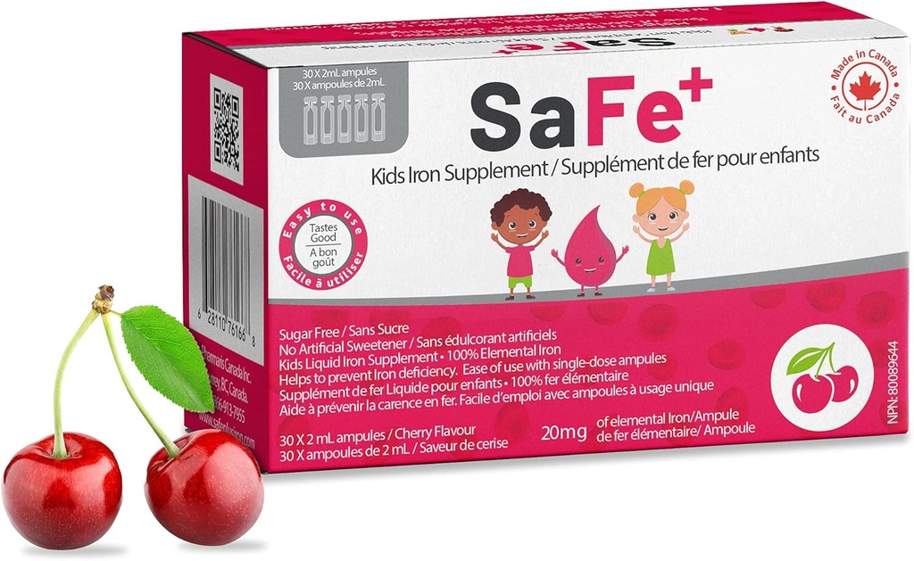 SaFe+ 子供のための液体鉄 | グレートテイスティングチェリーフレーバー | 使いやすい 20mg/2mL アイアンパープル | 30 ユニットドイス(2ml 各) 私は砂糖無料&アレルゲン無料私は物理的な&メンタルウェルビーを維持します