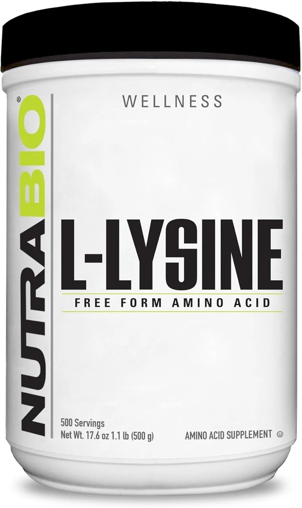 NutraBio L-Lysineパウダー500g - タンパク質代謝のためのエッセンシャルアミノ酸, コラーゲンサポート, & 免疫健康 – 純粋, 風味が悪い, 非GMO, ビーガン- 500 サービング