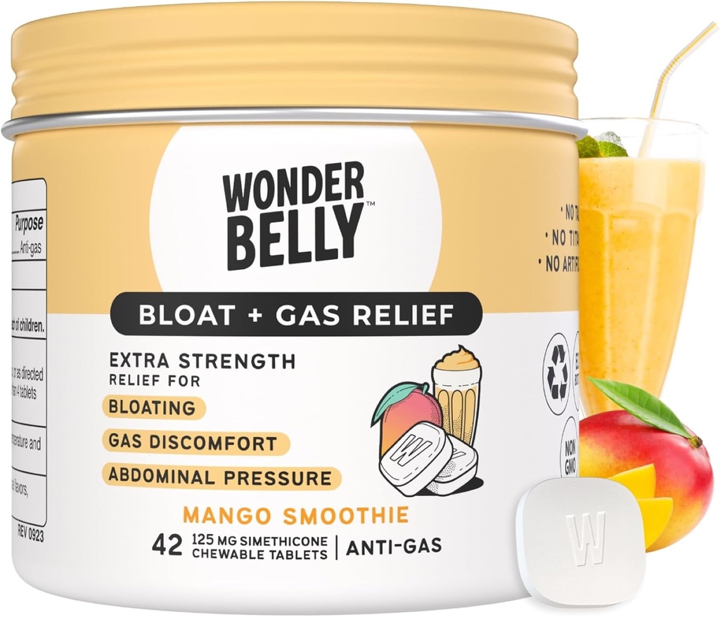 Wonderbelly Bloat +ガスの救助、125 mg Simethiconeの余分強さのChewableタブレット、Talcか染料、マンゴスムージー、42の計算無し