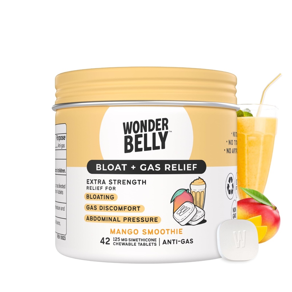 Wonderbelly Bloat +ガスの救助、125 mg Simethiconeの余分強さのChewableタブレット、Talcか染料、マンゴスムージー、42の計算無し