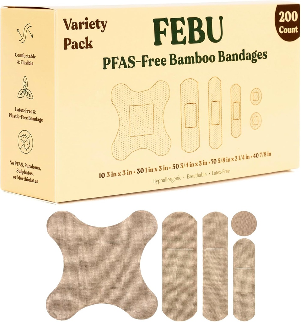 FEBU エコフレンドリー 竹織物包帯 | PFAS 自由包帯・カット | フレキシブル ファブリック包帯 | 完全堆肥化・乳液フリー包帯 | 200 カウント 多品種