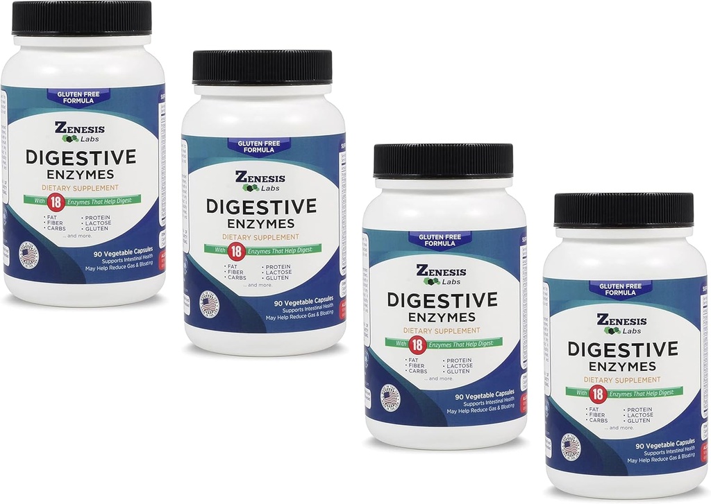 ゼニシスラボ消化酵素 - アミラーゼ、Bromelain、プロテアーゼ、リパーゼ& 14 その他の酵素バルク360カプセル供給(4ボトルセット - 90カプセル/ボトル)