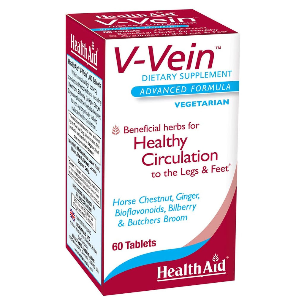 HealthAid V-Vein、足と足のための健康な循環のための有益な栄養素、60ct、毎日1回、Ginkgo、ブドウ種子、ビタミンC、Bilberry、ビーガンが含まれています