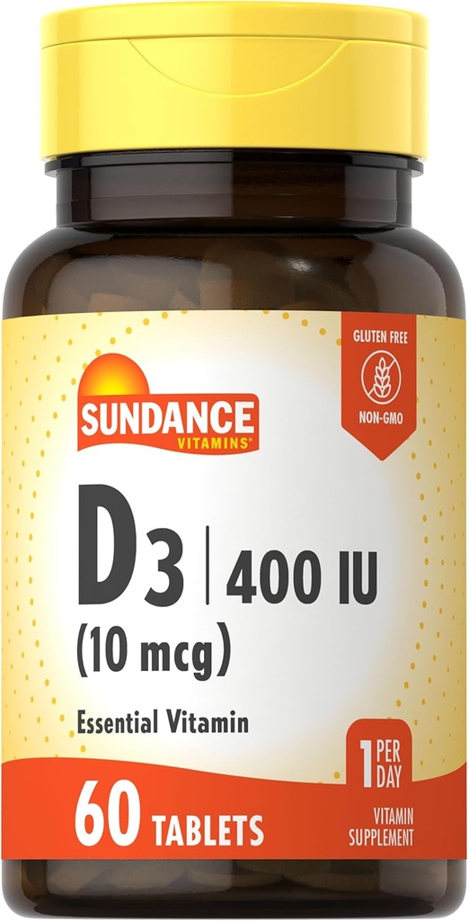 Sundance Vitamin D3 400 IU (10 mcg) | 60 Vegetarian Tablets | Essential Vitamin Supplement | Vegetarian, Non-GMO, and Gluten Free Formula