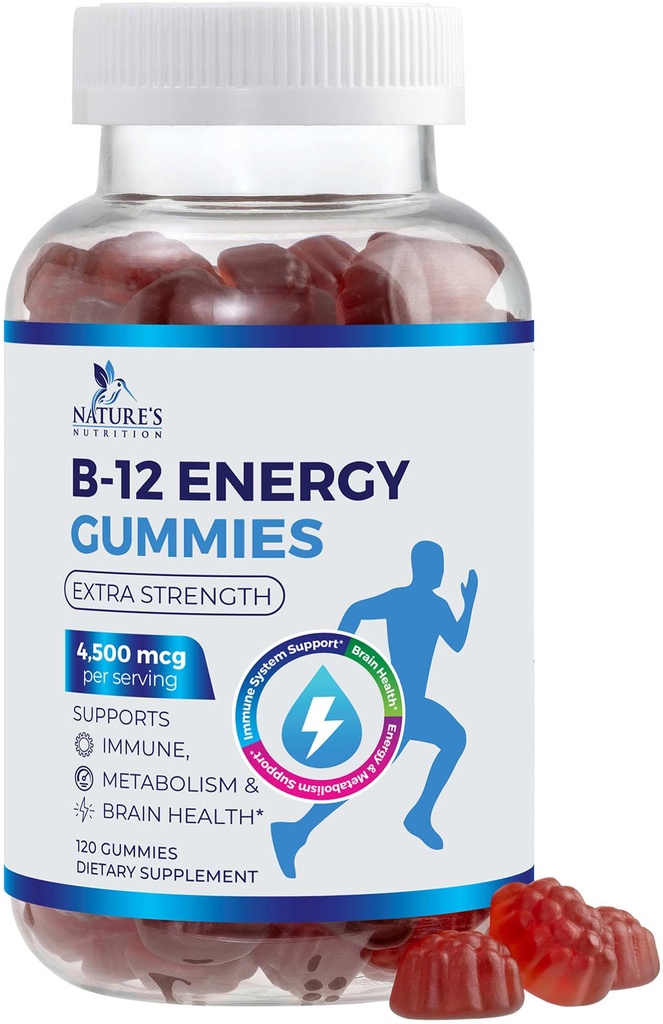 B-12ビタミンエネルギーガミー4500mcg - エネルギー代謝と免疫サポートのための余分な強度B12ガミーChewable - 女性のための栄養補助食品、男性、および子供 - 非GMO、ビーガン、ベリー味 - 120カウント