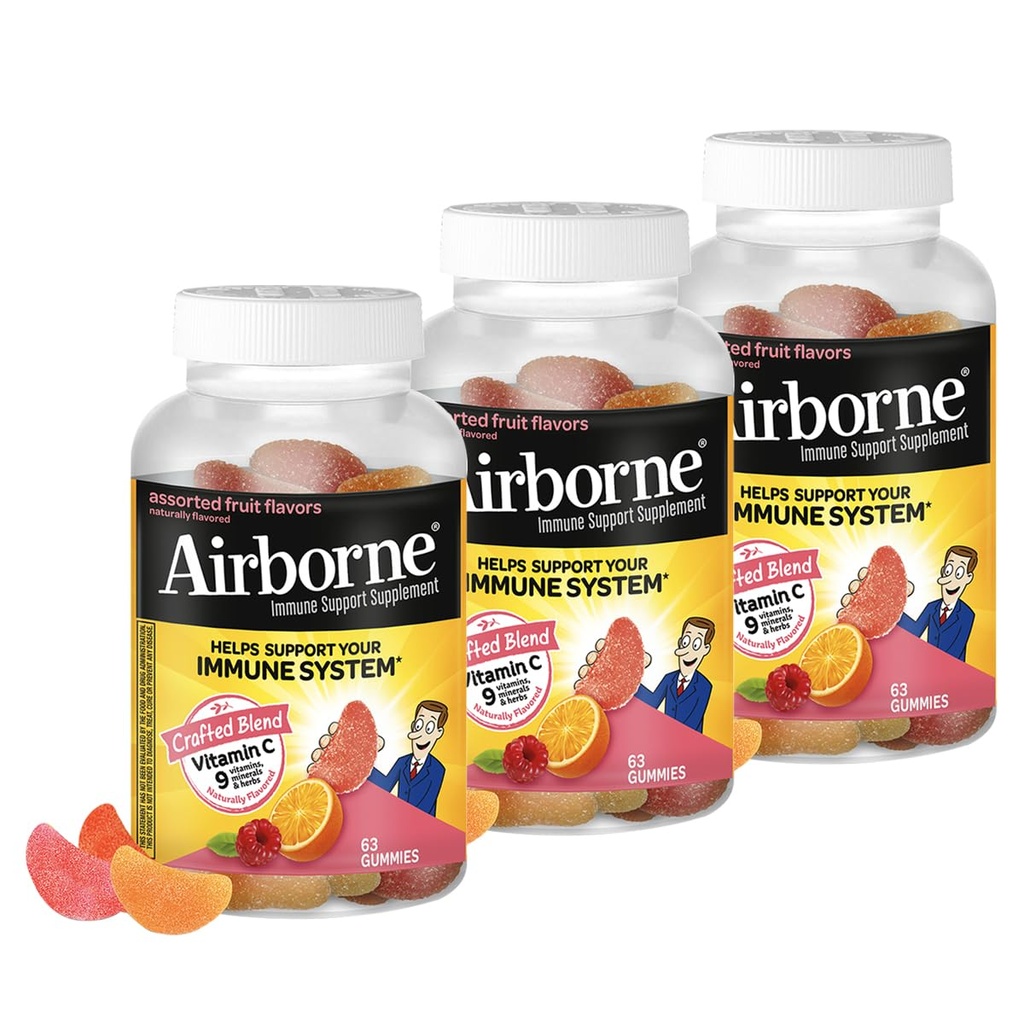 大人のためのAirborne 750mgのビタミンCの免疫サポート補足のガミー、分類されたフルーツの味、強力な酸化防止剤のビタミンA C及びEの63のガミーとのグルテンフリーの細工されたブレンド(3パック)