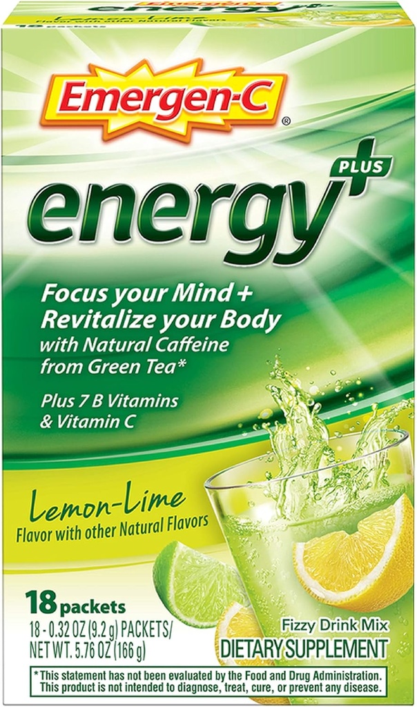 Emergen-Cエナジー+、ビタミンB、ビタミンC、グリーンティー(18カウント、ブルーベリーアサイ味)の栄養補助飲料ミックス、0.33オンスパウダーパケット