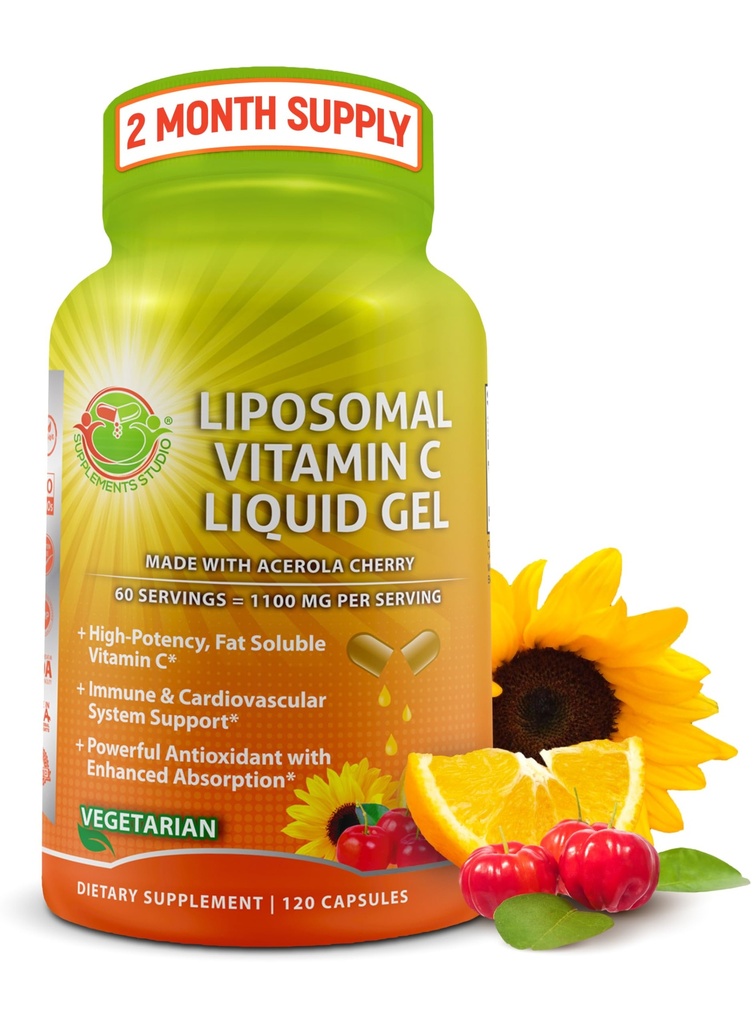 Liposomal Vitamin C Liquid Gel Capsules - 1100mg - Made with Organic Acerola Cherries, High Potency Vitamin C Liposomal Immune Support Supplement with Enhanced Absorption & Bioavailability - 120 count