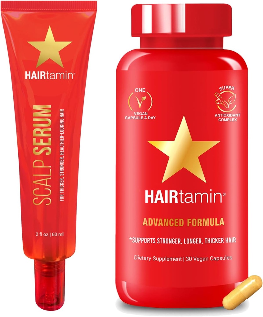 HAIRtaminの高度の毛及び頭皮の血清のパック | 毛、皮及び釘の成長のための全自然なビーガン ビオチンのカプセル及び血清のサンプル