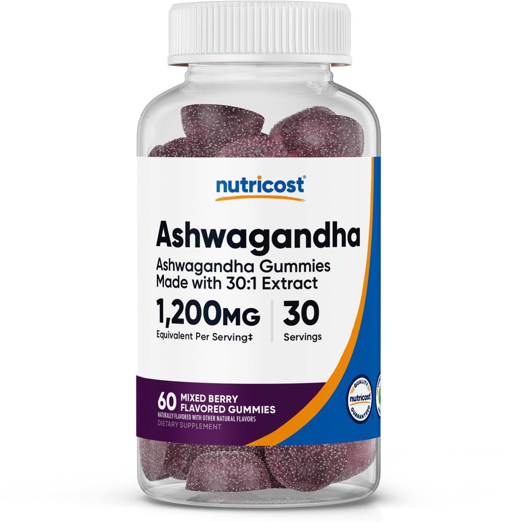 Nutricost Ashwagandha Gummies 1200mg 食べ当たりの同等性 (ミックスベリー味), 60 グミー, 30 サービング
